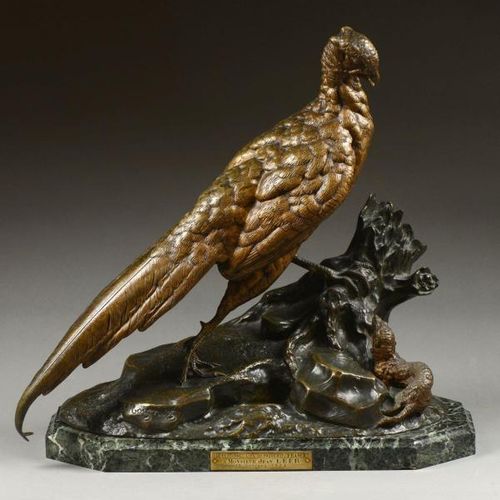 Jules Moigniez (1835-1894) Faisan et belette Bronze à patine brune. Signé sur la&hellip;