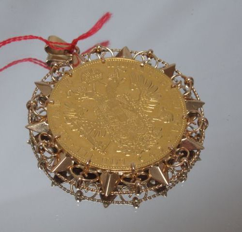 Pièce de 4 ducats en or, Autriche Hongrie, 1915 (rayures). Montée en pendentif (&hellip;