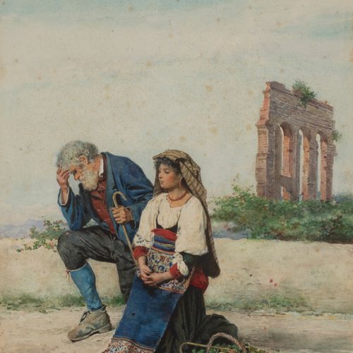 Guerrino Guardabassi (1841 1893) 父亲和女儿，罗马，纸上水彩画，签名并位于左下角。 有框架。 48.5 x 34.5 cm