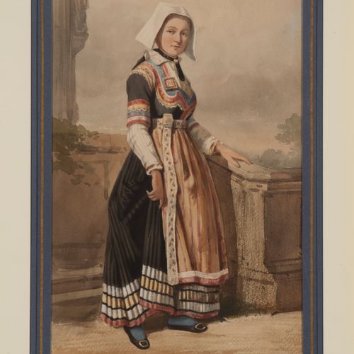 Ecole du XIXème siècle Lararone，拿着壶的女人，穿着服装的女人 一套三幅纸上水彩画，第一幅有标题。 有框架。 28 x 20厘米；&hellip;