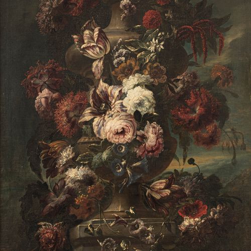 ECOLE FLAMANDE, D'APRES JEAN BAPTISTE BOSSCHAERT (1667 1746) 有花的静物 布面油画。 修复。 有框。&hellip;