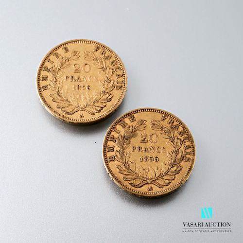 Deux pièces en or de 20 francs figurant Napoléon III tête nue gravée par Albert &hellip;