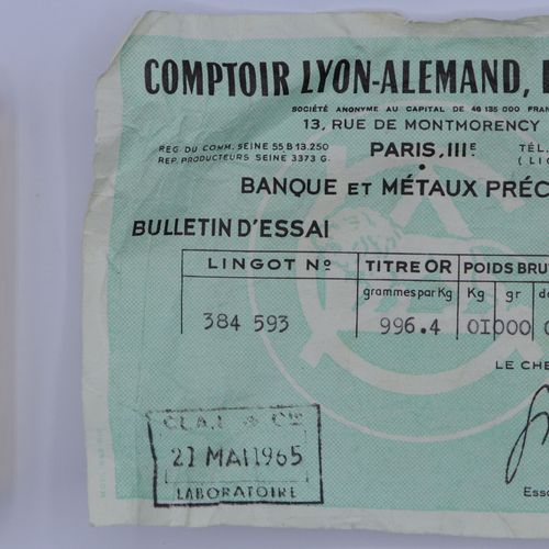 Null Lingot Or, numéro 384.593 avec son certificat émis par les Le Comptoir Lyon&hellip;