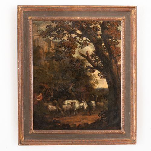 PITTORE FIAMMINGO DEL XVII-XVIII SECOLO 罗马乡村风景与牧羊人
布面油画，61X50厘米