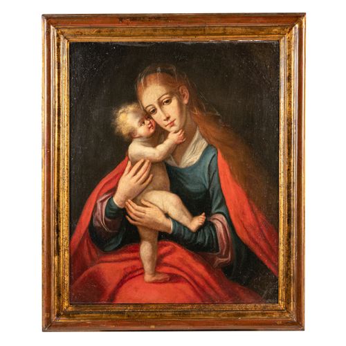 PITTORE DEL XVII SECOLO Madonna mit Kind 
Öl auf Leinwand, 92X73,5 cm
