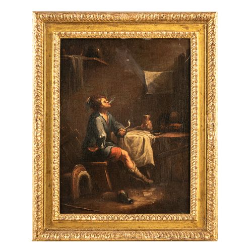 PITTORE VENETO DEL XVII-XVIII SECOLO Boucher
Homme fumant 
Huile sur toile, cm 4&hellip;