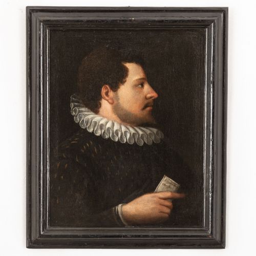 PITTORE DEL XVII SECOLO Porträt eines Mannes mit Brief
Öl auf Leinwand, 52X41 cm