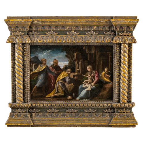 PITTORE EMILIANO DEL XVI-XVII SECOLO Anbetung der Könige
Öl auf Tafel, 28X40 cm