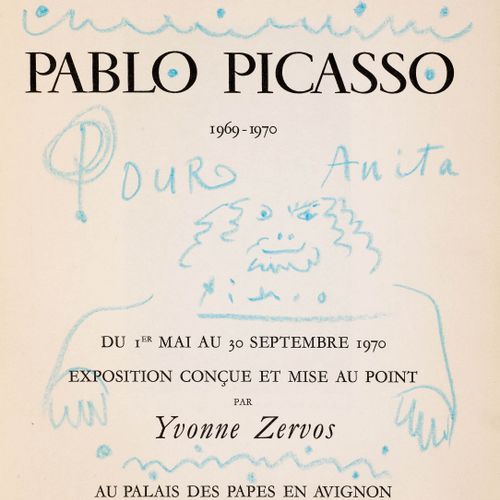 Null Picasso, Pablo -

自己的亲笔签名。素描与献词。在：巴勃罗-毕加索1969-1970年。 由伊冯娜-泽尔沃斯策划和安排的展览。在阿维尼&hellip;