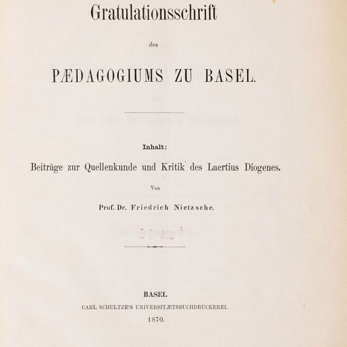 Null 哲学 -
Nietzsche, Friedrich.
对研究莱尔修-第欧根尼的来源和批评的贡献。Pædagogium zu Basel的祝贺性出版物。&hellip;