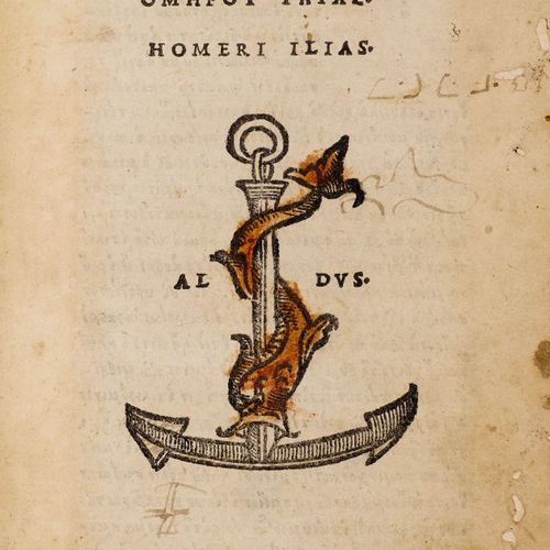Null ALDINES -
Homer。
Iliad (graece)。有了老安科拉。标题和结尾处有木刻印刷厂的标记。
Venice, Aldus Manut&hellip;