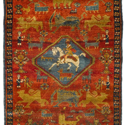 Null NORTH-WESTERN PERSIAN, SILK antique.

Rust-colored central field with a blu&hellip;