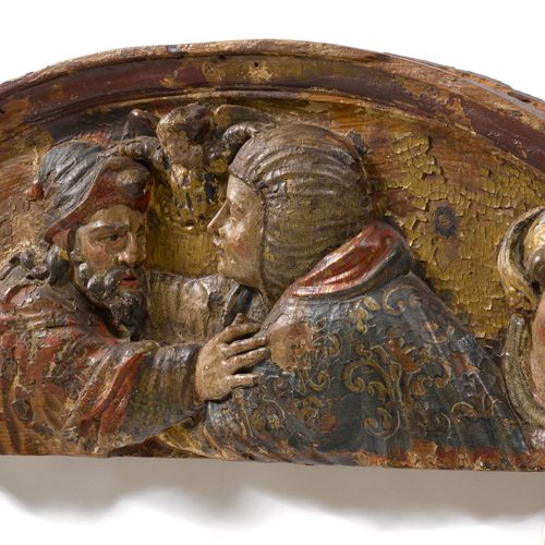 Null FRAGMENT OF A FRAME OR SUPRAPORTE
西班牙，17世纪。
松木雕刻的浮雕以及镶嵌。拱形，描绘了被天使带到一起的两个人（约&hellip;