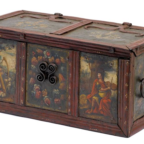 Null 带有PEYER和VON WALDKIRCH家族纹章的铁盒
沙夫豪森，17世纪
木芯装上铁并涂上油漆；盖子上有Peyer家族和Von Waldkirch&hellip;