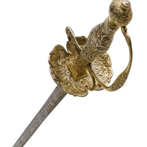 Null GALADEGEN
德国，约1760/70。
，银质剑柄镀金，由铸造和锻造部件组成。球形鞍座，铆钉头，以握柄为终点的握弓，一个短柄臂，带有 "I.A.&hellip;