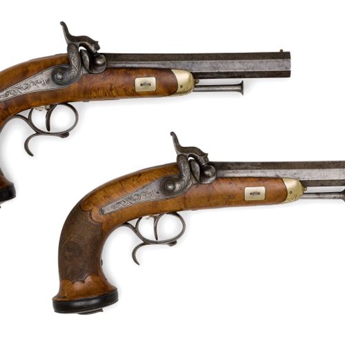 Null PERCUSSION PISTOL PAIR
意大利/那不勒斯，1840年左右，军官的武器，Salvatore Mazza。
圆形枪管（长17.3厘米&hellip;