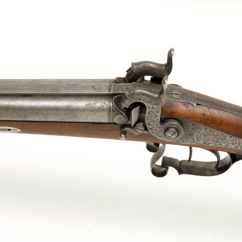 Null PERCUSSION FLINTLOCK GUN
German, ca. 1850, hunting weapon.
Damascus-steel r&hellip;