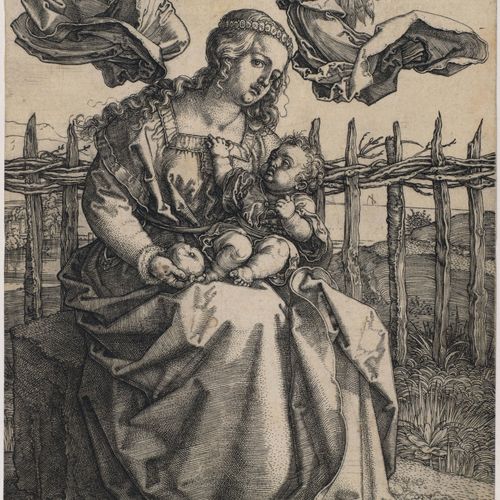 Null ALBRECHT DÜRER
(1471 Nuremberg 1528)
被两个天使加冕的圣母玛利亚，1518年。
铜版画。
右下角印版上有签名和日期&hellip;