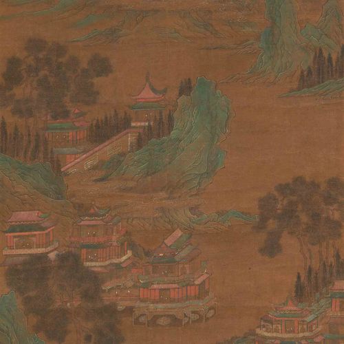 Null 赵千里（1127-1162）之后的传统山水画。
中国，清朝，118 x 54厘米。
丝绸上的水墨和色彩。三位骑手在一个山谷中骑马，山谷中的亭台楼阁风景&hellip;