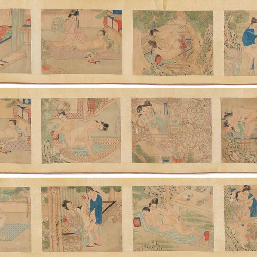 Null 有各种情色场景的十字卷轴。
中国，清末，20.7 × 25.2厘米（一张）。
丝绸上的水墨和色彩。12张画册叶子装成一个十字卷。休息。