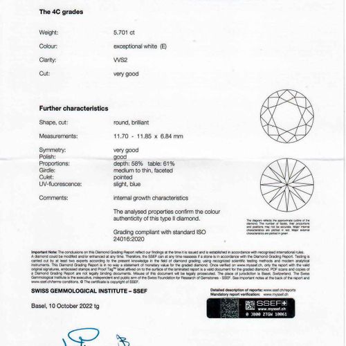 Null 钻石戒指，约1960年。
白金750，6克。
经典的单颗钻石戒指，镶有1颗5.70克拉的明亮式切割钻石，E/VVS2，采用八柄套筒。尺寸约为54。

&hellip;