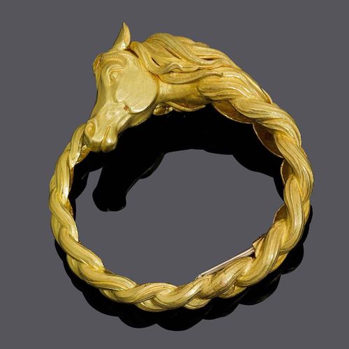 Null GOLD BANGLE, BY HERMES, ca. 1990.
Yellow and white gold 750, 128g.
Hinged b&hellip;