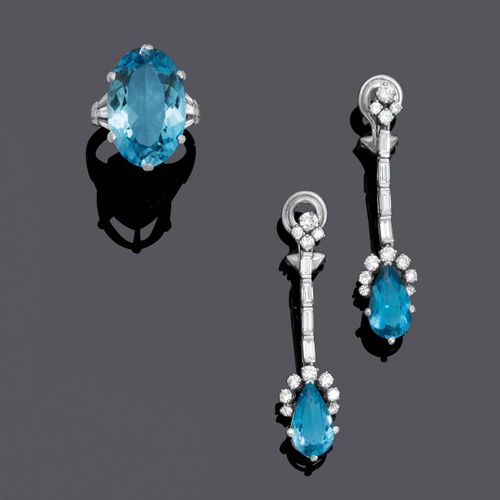 Null AQUAMARINE AND DIAMOND EAR PENDANTS AND RING.
White gold 750, 8g and 10g.
E&hellip;