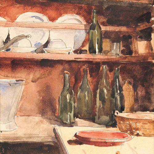 Null ALBERT ANKER
(1831 Ins 1910)
Interior con botellas y platos. 1886.
Acuarela&hellip;