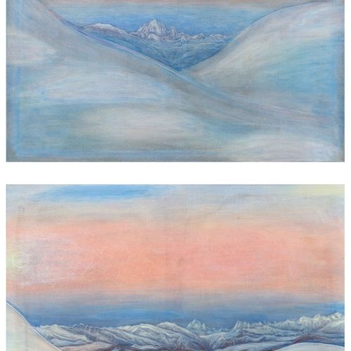 Null ALEXANDRE PERRIER
(1862 Genève 1936)
正面：L'Aiguille Verte。
背面：勃朗峰山地。
布面油画。
背&hellip;