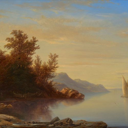 Null FRANÇOIS DIDAY
(1802 Ginevra 1877)
Au bord du Lac Léman.
Olio su legno.
Fir&hellip;