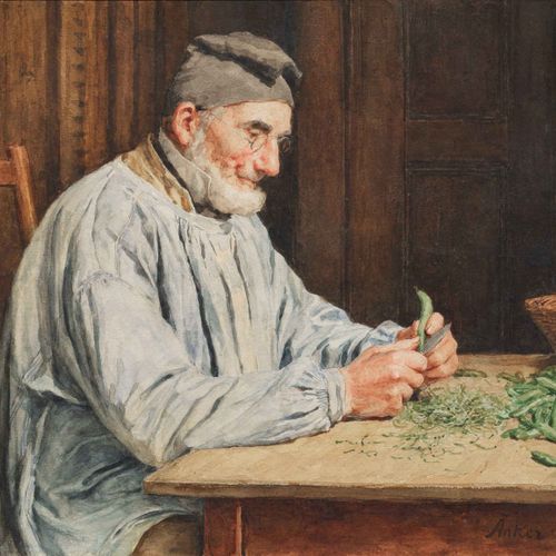 Null ALBERT ANKER
(1831 Ins 1910)
Contadino che prepara i fagioli.
Acquerello su&hellip;