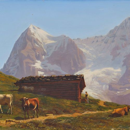 Null ALBERT LUGARDON
(罗马 1827-1909 日内瓦)
艾嘎和少女峰前草地上的奶牛。
布面油画。
左下方有签名。ALBERT LUGAR&hellip;