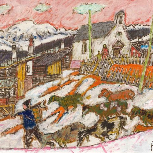 Null ALOIS CARIGIET
(1902 Trun 1985)
山村前的牧羊人。1974年。
布面油画。
日期和右下角的签名：公元74年
49 × 6&hellip;
