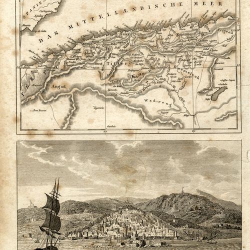 Null Antiquités, Varia, Vue et carte d'Alger / gravure sur cuivre vers 1850,25,5&hellip;