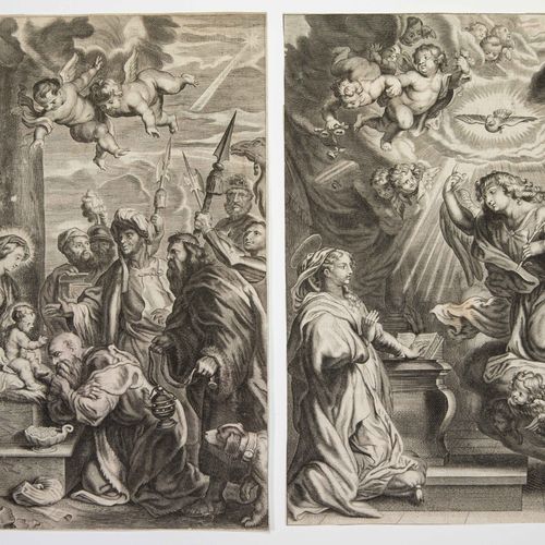 2幅17世纪的版画：《报喜》（26 x 17厘米）和《图像国王》。(26,5 x 17 cm)。背面有文字。