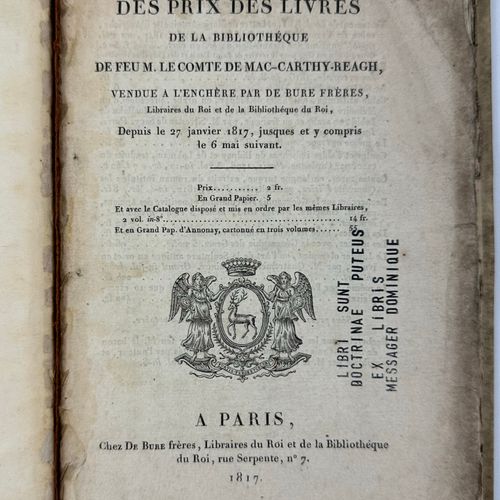 Null 1817 MAC-CARTHY-REAGH COMTE JUSTIN DE LISTE DES PRIX DES LIVRES DE LA BIBLI&hellip;