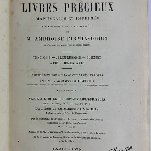 Null 1879 DIDOT AMBROISE FIRMIN CATALOGUE DES LIVRES PRECIEUX MANUSCRITS ET IMPR&hellip;