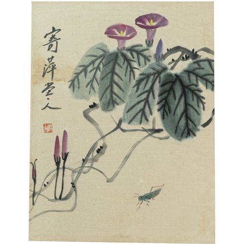 Null 瞿白石（中国湘潭，1864年-中国北京，1957年）

花和昆虫。

纸上水彩画。印章上有笔名 "魁皇 "的签名。

43 x 33厘米。