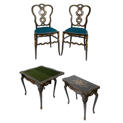 Null Ensemble de table de jeu de style élisabéthain et deux chaises en bois ébon&hellip;
