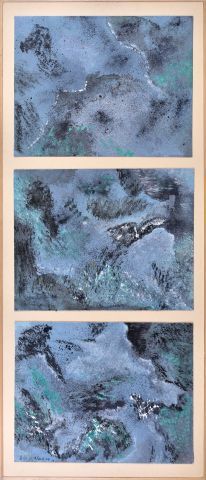 米歇尔 比奥特 (1936 2020) 
"大海的三联画"。2008 
纸上沙画和油画一套三幅，裱在纸板上，背面有签名、日期和标题 
在一个框架中 
每张尺寸：&hellip;