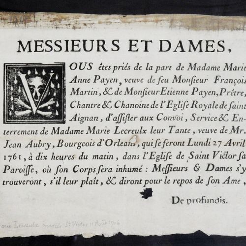 Null [Orléans] Affiche faire-part de décès Marie Lecreulx 27 avril 1761 - famill&hellip;
