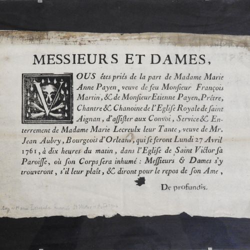 Null [Orléans] Affiche faire-part de décès Marie Lecreulx 27 avril 1761 - famill&hellip;
