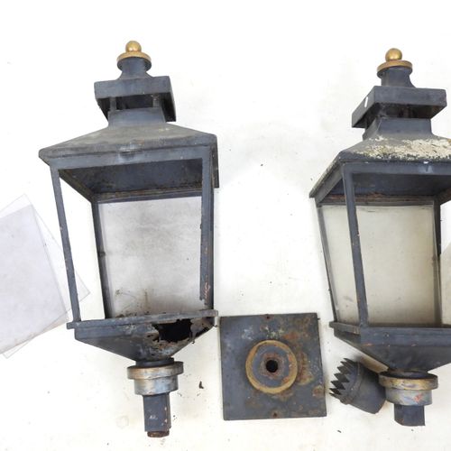 Null Pair of black lacquered iron outdoor LANTERNS with Plexiglas panes. Late 19&hellip;