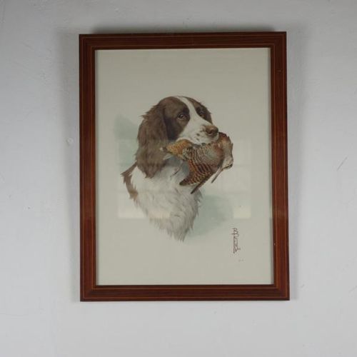 Null Paire de gravures en couleur représentant chiens et gibier.

41 x 31 cm.
