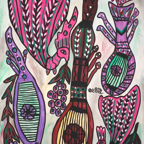 BAYA BAYA (1931-1998) - Oiseau et instruments de musique - Gouache signée au cen&hellip;