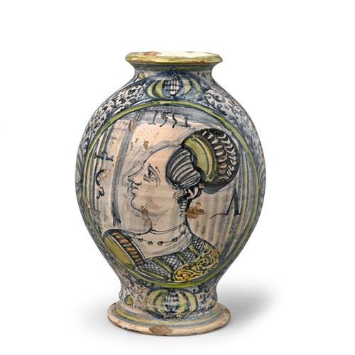 Null Montelupo maiolica jar or albarello, datiert 1551, gemalt in Grün und Blau &hellip;