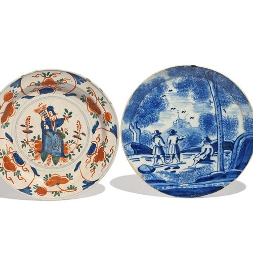 Null Two delftware plates c.1720-30, one London or Bristol and painted in blue, &hellip;