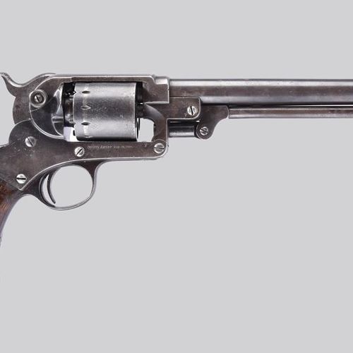Null 一把美国Starr Arms 1863型打击式左轮手枪，圆形枪管8英寸，铰链式枪架上印有专利细节，六发弹筒，枪头上有瞄准槽和棋盘式枪刺，单片式胡桃木握&hellip;