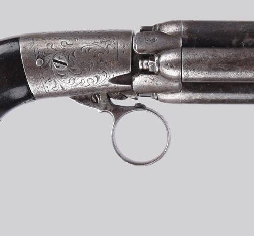 Null 一把19世纪的比利时四管 "胡椒盒 "左轮手枪，岔开的枪管2.5英寸，Liege控制标志，雕刻的钢制行动，Mariette专利的锤下行动，带有环形扳机&hellip;