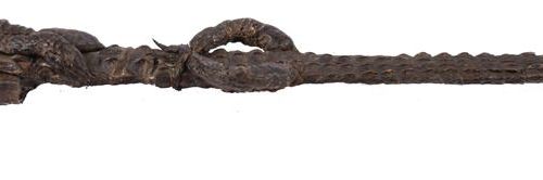 Null λ 一把东非的剑（kaskara），十字形的剑柄和铁制的十字护手，剑鞘由保存下来的小鳄鱼的皮肤、四肢和头形成，19世纪。